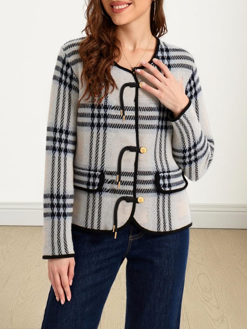 HOULENGS Women's Vintage Plaid Cardigan Sweaters Long Sleeve Button Down Knit Jackets Crewneck Fall Sweater Coat with Pockets Grey X-Large - Image 5