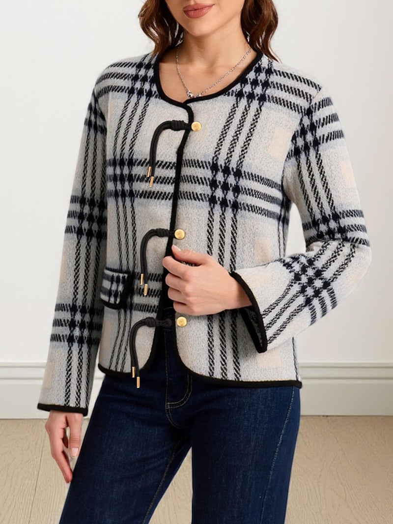 HOULENGS Women's Vintage Plaid Cardigan Sweaters Long Sleeve Button Down Knit Jackets Crewneck Fall Sweater Coat with Pockets Grey X-Large - Image 3