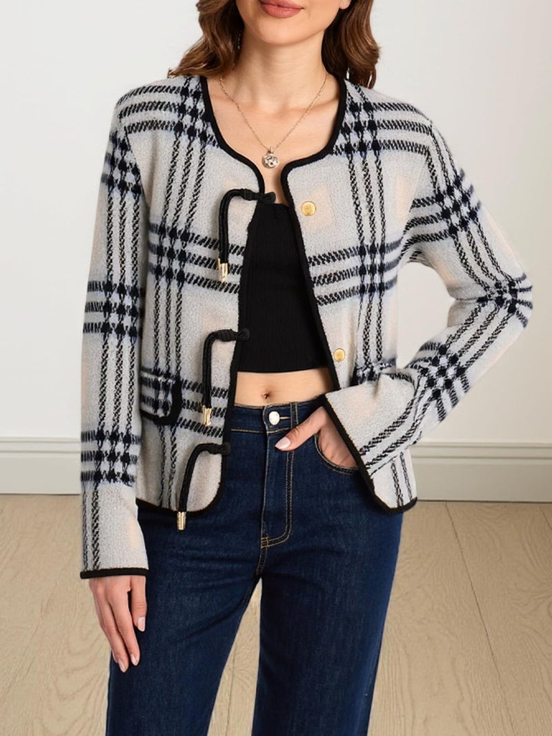 HOULENGS Women's Vintage Plaid Cardigan Sweaters Long Sleeve Button Down Knit Jackets Crewneck Fall Sweater Coat with Pockets Grey X-Large - Image 2