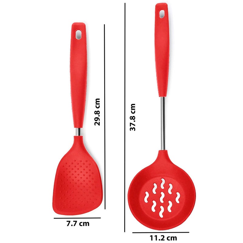 P-Plus International Rice Spoon - Rice Spatula - Flatware Rice Scooper - Rice Serving Spoons - Rice Punja - Skimmer Spoon for Frying Spoon - Silicone Spoon - Puri Strainer for Frying (Set of 2, Red) - Image 2