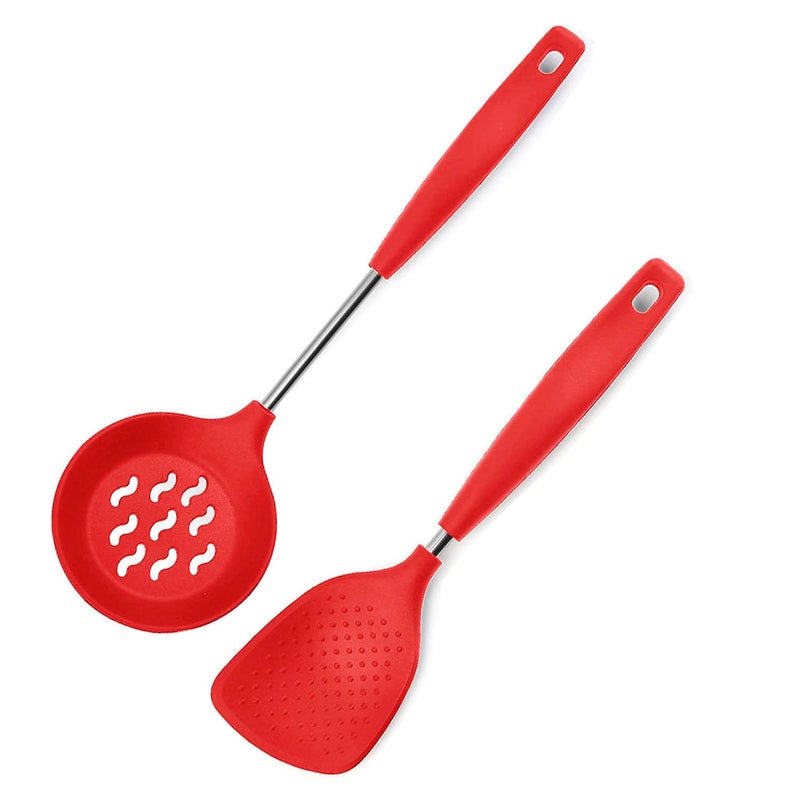 P-Plus International Rice Spoon - Rice Spatula - Flatware Rice Scooper - Rice Serving Spoons - Rice Punja - Skimmer Spoon for Frying Spoon - Silicone Spoon - Puri Strainer for Frying (Set of 2, Red) - Image 1