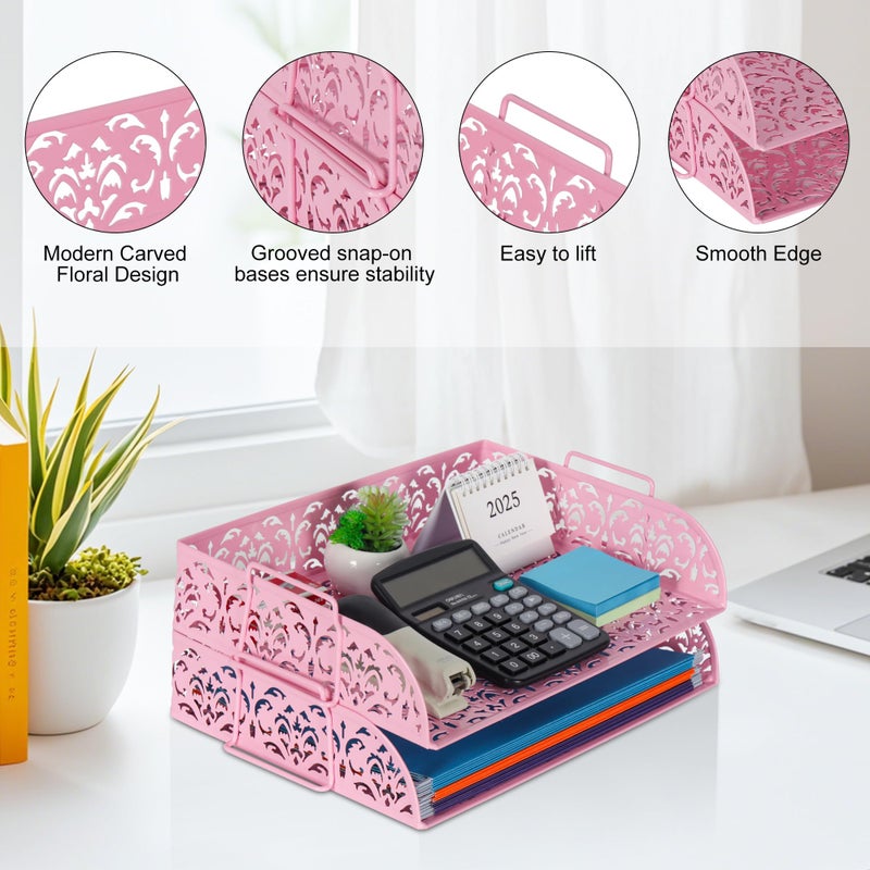 EasyPAG Paper Organizer for Desk 2 Tier Stackable Paper Tray for A4 Legal Size Folders Metal File Storage Desktop Organizer for Home Office School Teacher, Pink - Image 4