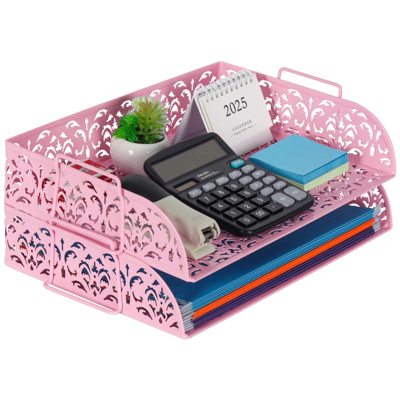 EasyPAG Paper Organizer for Desk 2 Tier Stackable Paper Tray for A4 Legal Size Folders Metal File Storage Desktop Organizer for Home Office School Teacher, Pink - Image 2