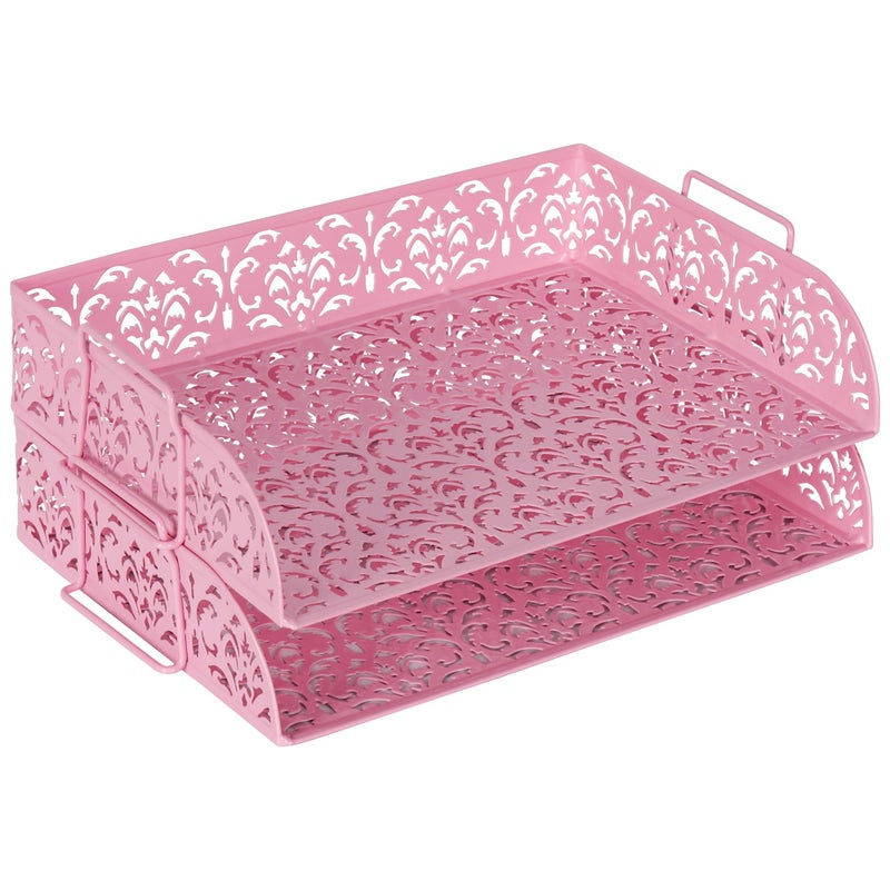 EasyPAG Paper Organizer for Desk 2 Tier Stackable Paper Tray for A4 Legal Size Folders Metal File Storage Desktop Organizer for Home Office School Teacher, Pink - Image 1