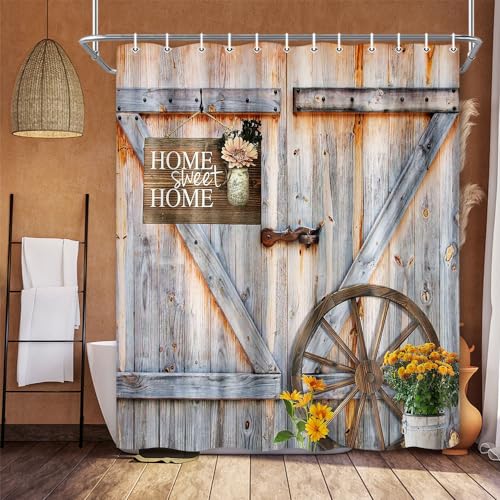 Jipusai Rustic Barn Door Shower Curtain for Bathroom, Western Farmhouse Yellow Daisy Floral Bath Curtain Sets,Fabric Countryside Wooden Cabin Decor Curtains with Hooks 70X70IN - Image 1