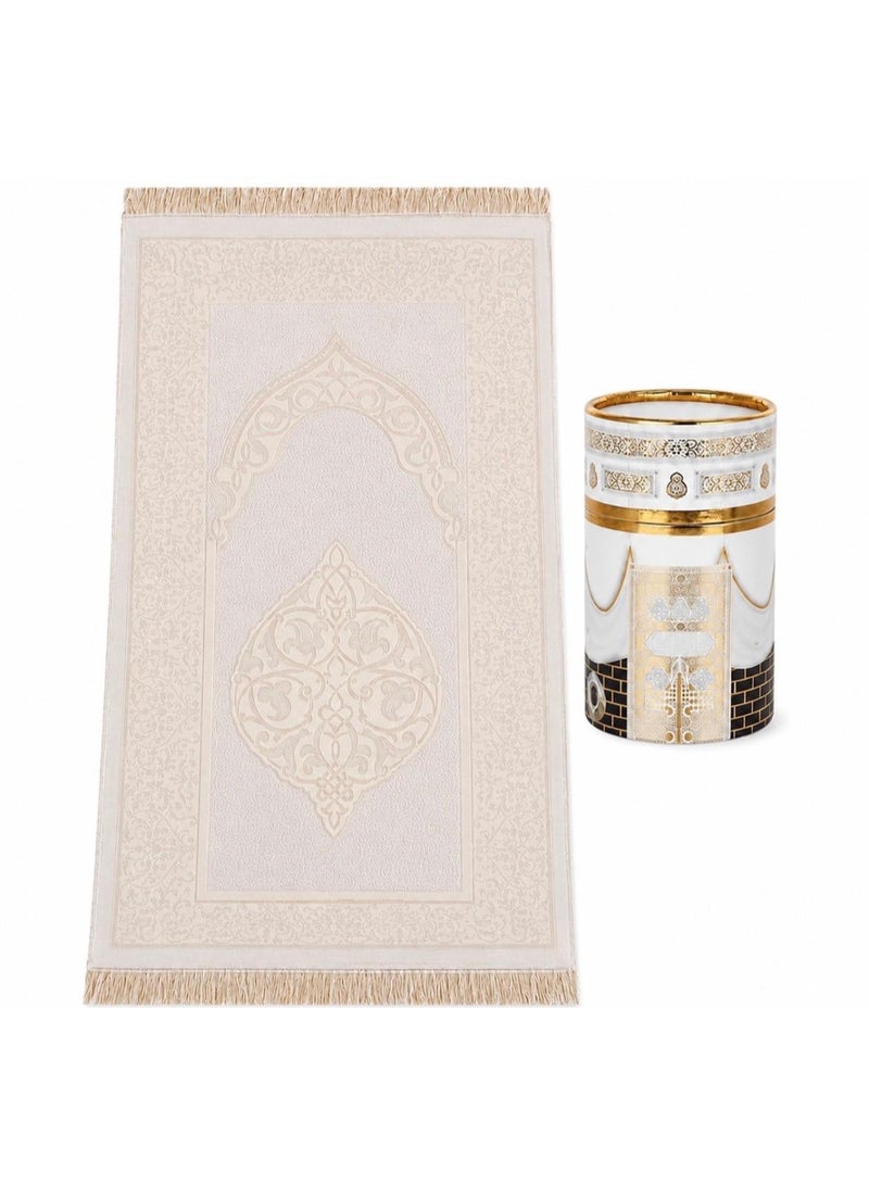 Premium Islamic Prayer Mat with Elegant Kaaba Design Cylindrical Gift Box – Soft Luxury Muslim Salah Prayer Rug, Cream White & Gold, Ideal for Ramadan, Eid, Umrah, Hajj, Wedding & Islamic Gifts