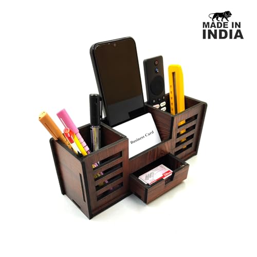 Woodkey Wooden Desk Organizer - Pen Stand with Drawers, Mobile & Card Holder | Multipurpose Office & Study Table Organizer for Pens, Pencils, Stationery & Desk Supplies 4 in 1 (Rolex Darkwood) - Image 4
