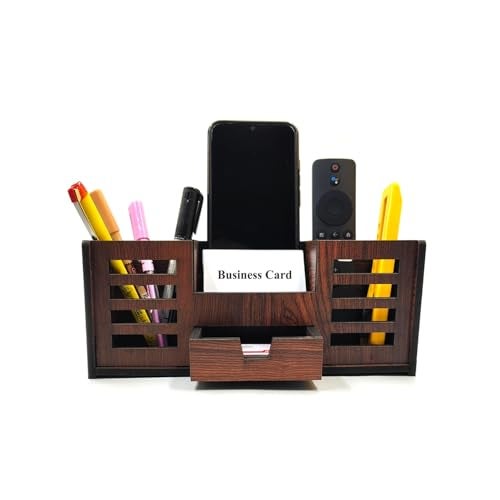 Woodkey Wooden Desk Organizer - Pen Stand with Drawers, Mobile & Card Holder | Multipurpose Office & Study Table Organizer for Pens, Pencils, Stationery & Desk Supplies 4 in 1 (Rolex Darkwood) - Image 1