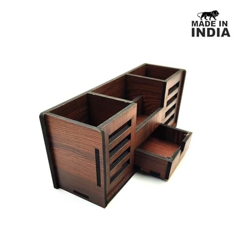 Woodkey Wooden Desk Organizer - Pen Stand with Drawers, Mobile & Card Holder | Multipurpose Office & Study Table Organizer for Pens, Pencils, Stationery & Desk Supplies 4 in 1 (Rolex Darkwood) - Image 5