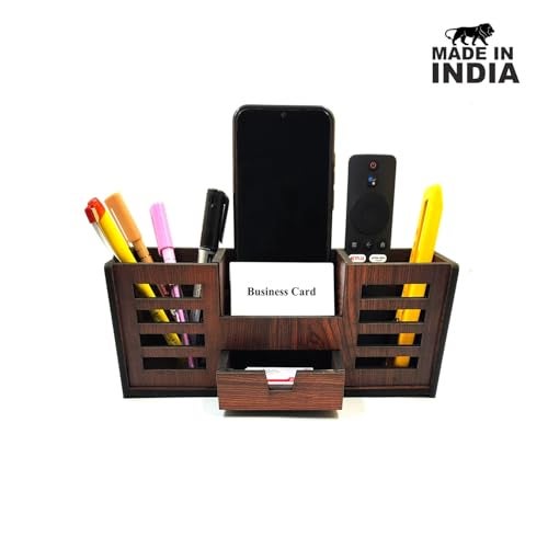 Woodkey Wooden Desk Organizer - Pen Stand with Drawers, Mobile & Card Holder | Multipurpose Office & Study Table Organizer for Pens, Pencils, Stationery & Desk Supplies 4 in 1 (Rolex Darkwood) - Image 2
