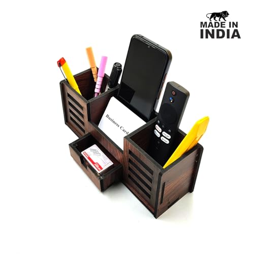 Woodkey Wooden Desk Organizer - Pen Stand with Drawers, Mobile & Card Holder | Multipurpose Office & Study Table Organizer for Pens, Pencils, Stationery & Desk Supplies 4 in 1 (Rolex Darkwood) - Image 3