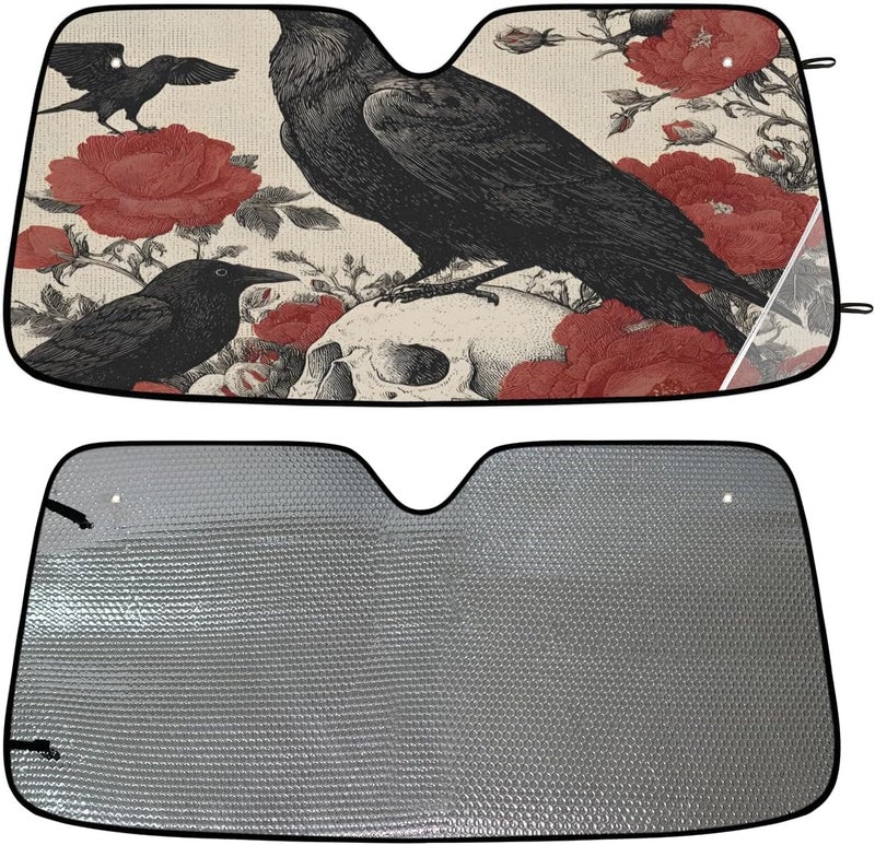 Halloween Crow Foldable Car Windshield Sun Shade, Lightweight Front Window Cover with Suction Cups, UV Block for Interior Protection, Portable, Skull Floral - Image 4