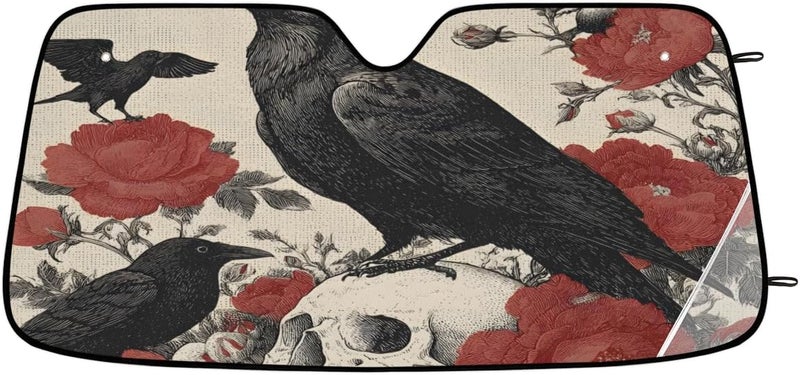 Halloween Crow Foldable Car Windshield Sun Shade, Lightweight Front Window Cover with Suction Cups, UV Block for Interior Protection, Portable, Skull Floral - Image 1