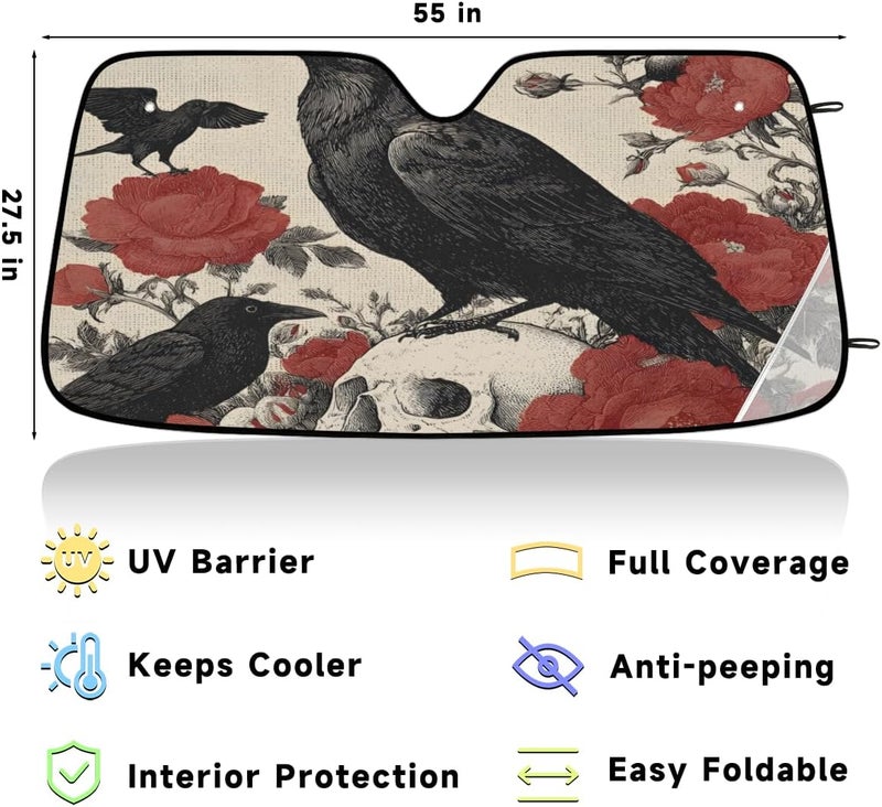 Halloween Crow Foldable Car Windshield Sun Shade, Lightweight Front Window Cover with Suction Cups, UV Block for Interior Protection, Portable, Skull Floral - Image 3