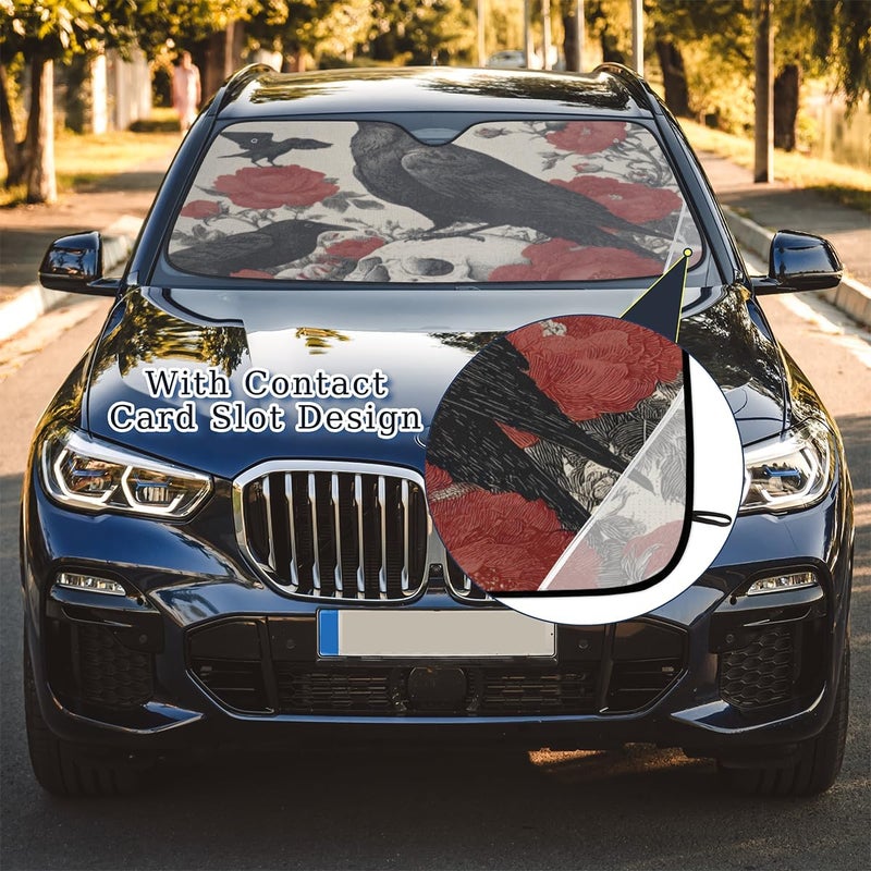 Halloween Crow Foldable Car Windshield Sun Shade, Lightweight Front Window Cover with Suction Cups, UV Block for Interior Protection, Portable, Skull Floral - Image 5