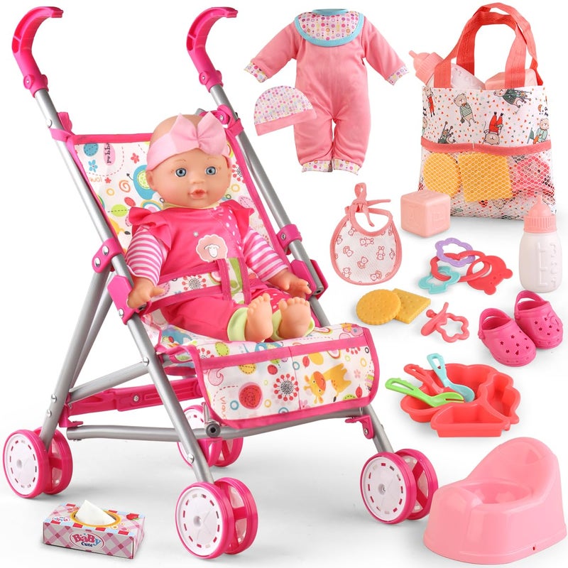 YIYBM Baby Doll with Stroller Set with 125 Baby Dolls Handbag 2 Sets Doll Clothes and 16 PCS Doll Accessories Baby Stroller Toys for Toddler Girls Kids Ages 35 46 for Pretend Play - Image 3
