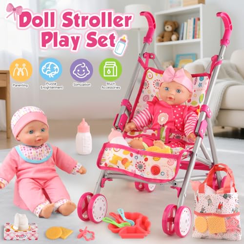YIYBM Baby Doll with Stroller Set with 125 Baby Dolls Handbag 2 Sets Doll Clothes and 16 PCS Doll Accessories Baby Stroller Toys for Toddler Girls Kids Ages 35 46 for Pretend Play - Image 5