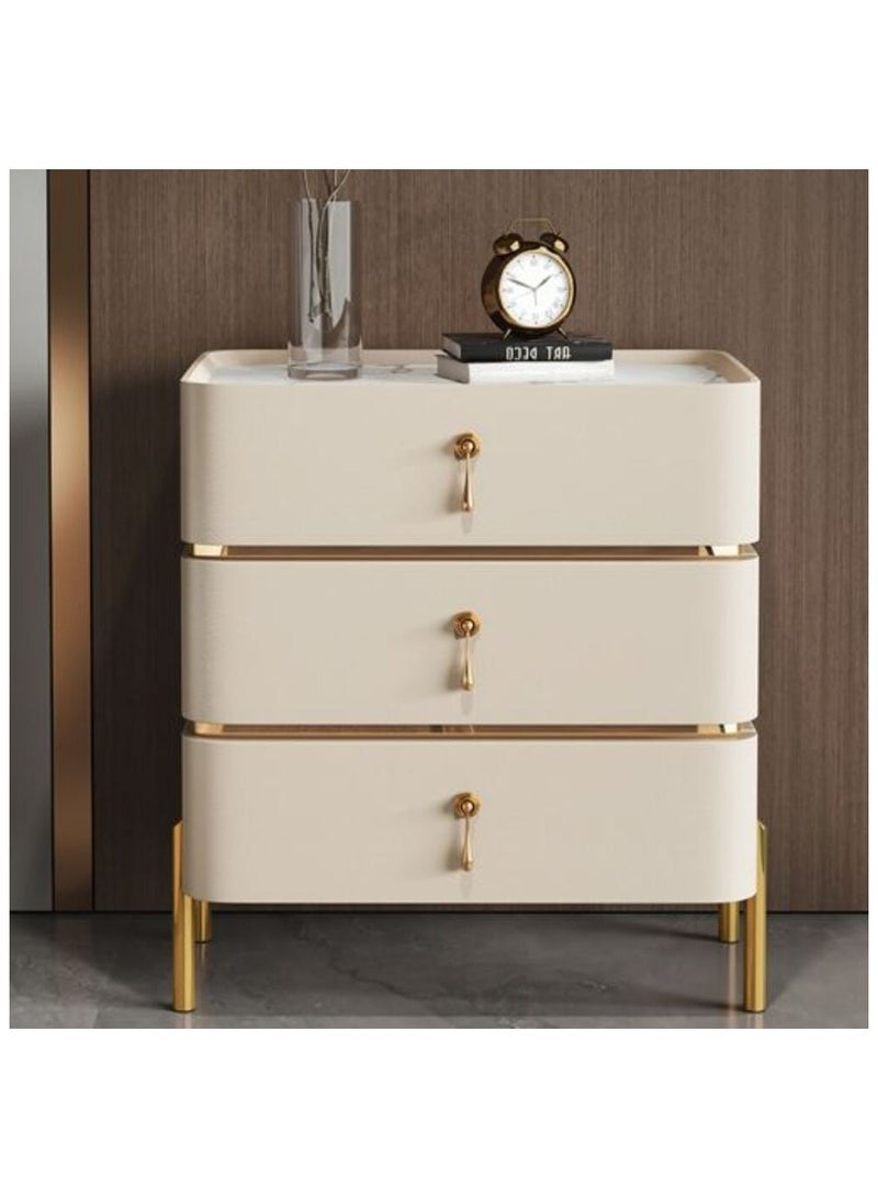 أيه دابليو دي طاولة جانبية لغرفة النوم، طاولة بجانب السرير مع أدراج تخزين من الخشب الصلب منجدة بالجلد، سطح من الرخام الصناعي مع لمسات ذهبية. - Image 1