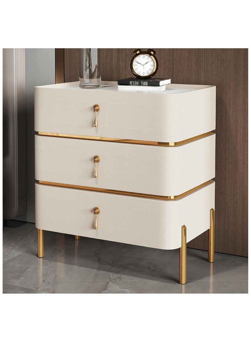 أيه دابليو دي طاولة جانبية لغرفة النوم، طاولة بجانب السرير مع أدراج تخزين من الخشب الصلب منجدة بالجلد، سطح من الرخام الصناعي مع لمسات ذهبية. - Image 2