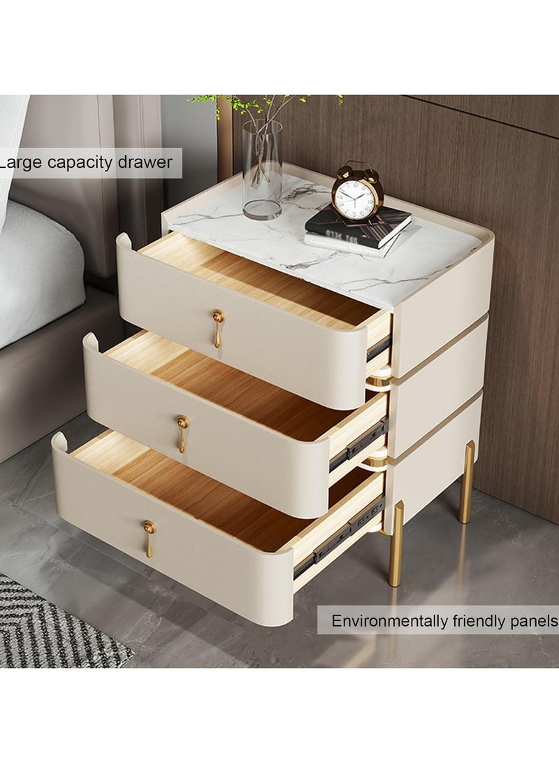 أيه دابليو دي طاولة جانبية لغرفة النوم، طاولة بجانب السرير مع أدراج تخزين من الخشب الصلب منجدة بالجلد، سطح من الرخام الصناعي مع لمسات ذهبية. - Image 3