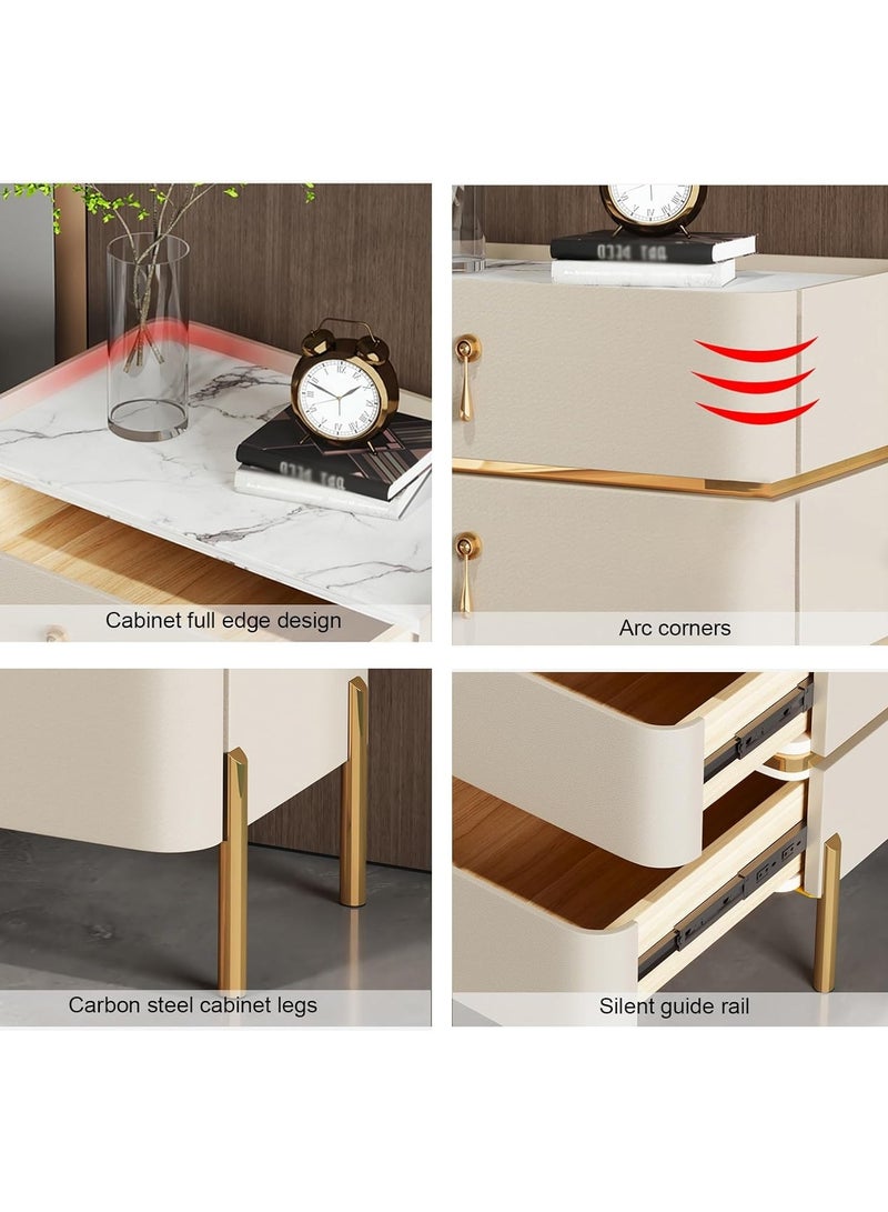 أيه دابليو دي طاولة جانبية لغرفة النوم، طاولة بجانب السرير مع أدراج تخزين من الخشب الصلب منجدة بالجلد، سطح من الرخام الصناعي مع لمسات ذهبية. - Image 4