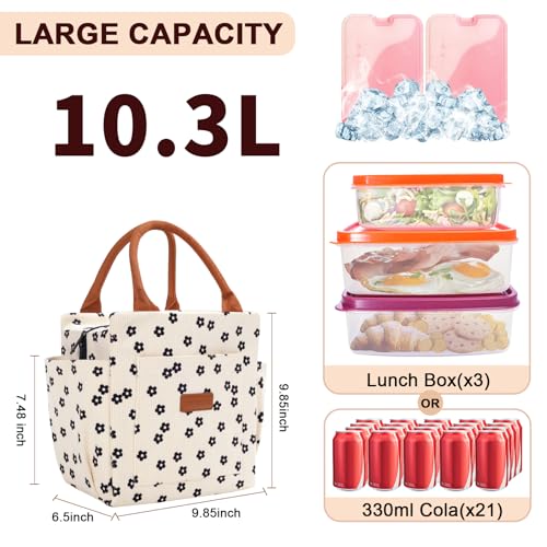 Joymee Lunch Bag Women Insulated Lunch Box Cute Corduroy Reusable Leakproof Large Capacity Lunch Tote Bag for Women Men Adult with Bottle Holder and Side Pockets for Work Corduroy Black Floral - Image 3