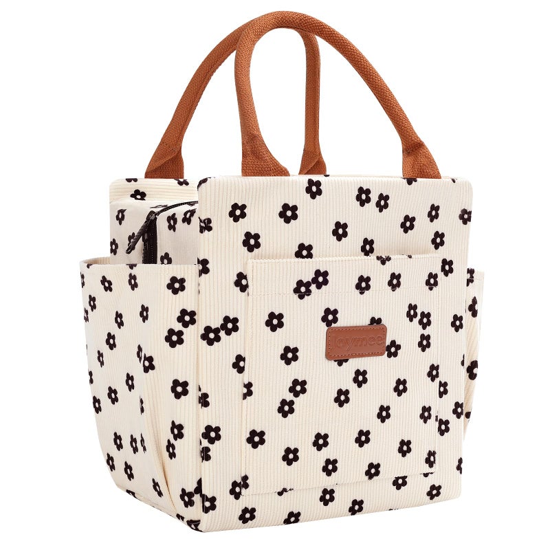 Joymee Lunch Bag Women Insulated Lunch Box Cute Corduroy Reusable Leakproof Large Capacity Lunch Tote Bag for Women Men Adult with Bottle Holder and Side Pockets for Work Corduroy Black Floral - Image 2