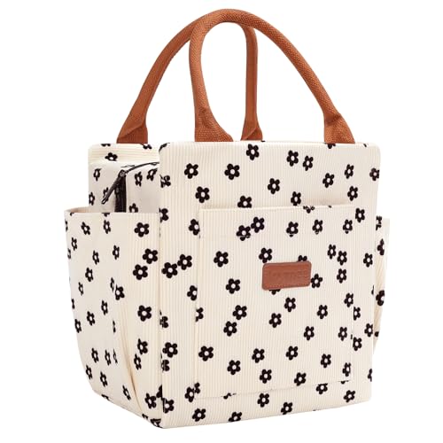 Joymee Lunch Bag Women Insulated Lunch Box Cute Corduroy Reusable Leakproof Large Capacity Lunch Tote Bag for Women Men Adult with Bottle Holder and Side Pockets for Work Corduroy Black Floral - Image 1