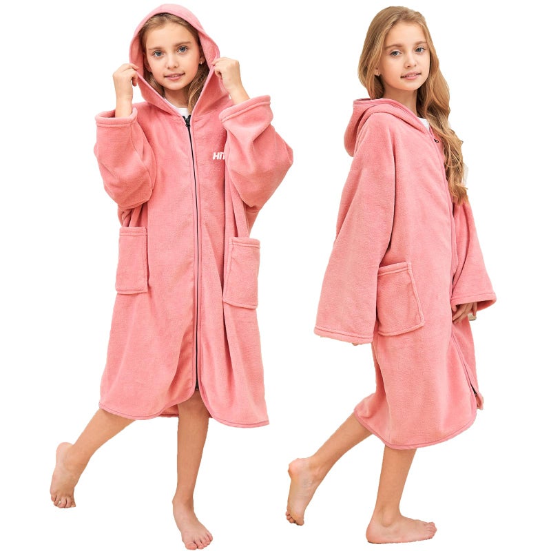 Hiturbo Kids Bath Towel Hoodie Soft Plush Zipper Surf Poncho Warm Fleece Changing Towels Swimming Outerwear Pink