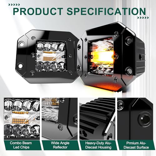ASLONG 4PCS 5Inch LED Flush Mount 6 Modes Amber/White Flashing Strobe Pods Fog Lights Offroad Backup Reverse Grill Mount Light with Switch Wiring Harness for Truck UTV ATV SUV 4x4 Car - Image 4
