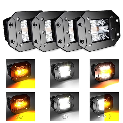ASLONG 4PCS 5Inch LED Flush Mount 6 Modes Amber/White Flashing Strobe Pods Fog Lights Offroad Backup Reverse Grill Mount Light with Switch Wiring Harness for Truck UTV ATV SUV 4x4 Car - Image 1