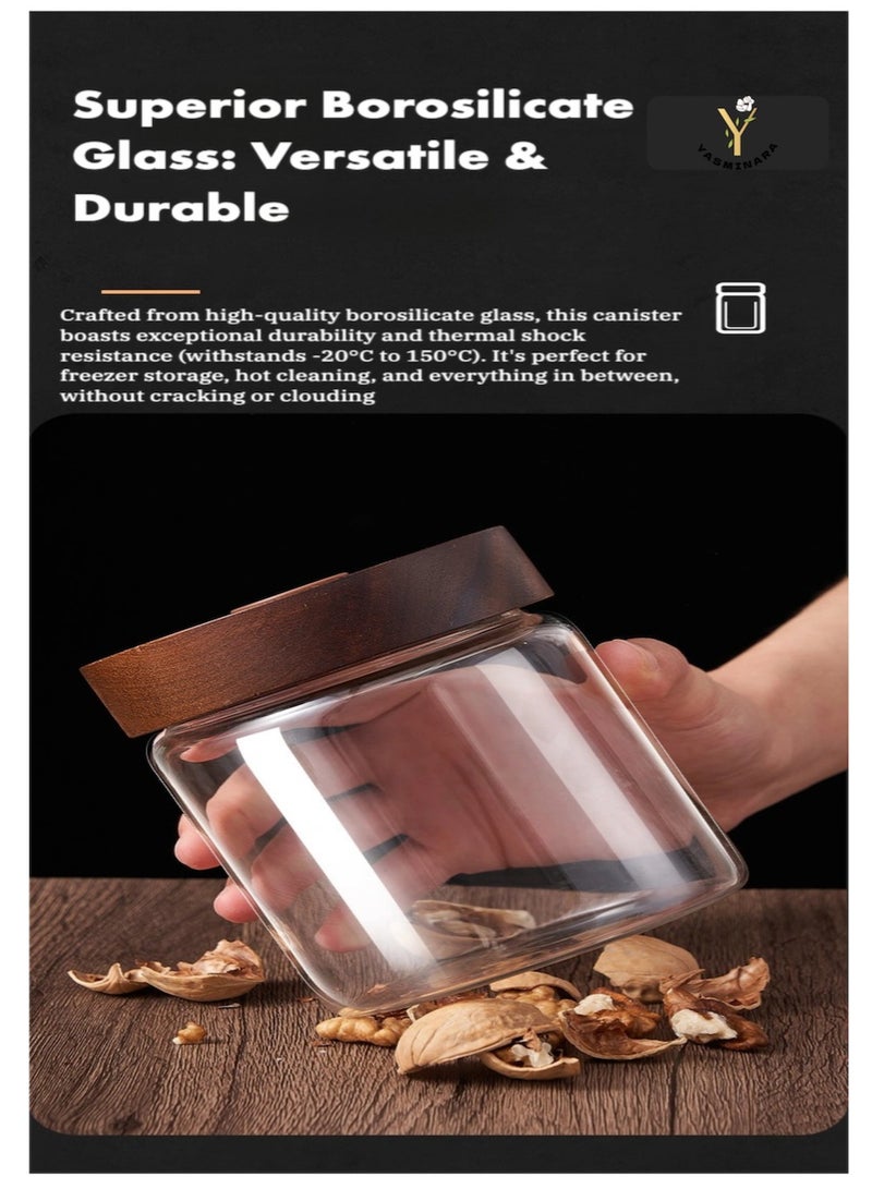 ياسمينةارا علبة قهوة زجاجية بأغطية خشبية مفرغة من الهواء، وعاء توابل زجاجي من البورسليكات سعة 1200 مل، حاوية تخزين للقهوة والفاصوليا والشاي والحلوى والمكسرات والتوابل والوجبات الخفيفة للحفاظ عليها طازجة - Image 4