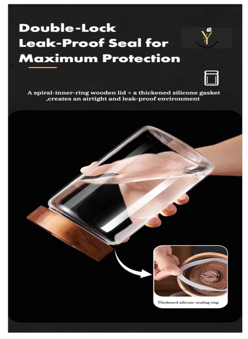 ياسمينةارا علبة قهوة زجاجية بأغطية خشبية مفرغة من الهواء، وعاء توابل زجاجي من البورسليكات سعة 1200 مل، حاوية تخزين للقهوة والفاصوليا والشاي والحلوى والمكسرات والتوابل والوجبات الخفيفة للحفاظ عليها طازجة - Image 3