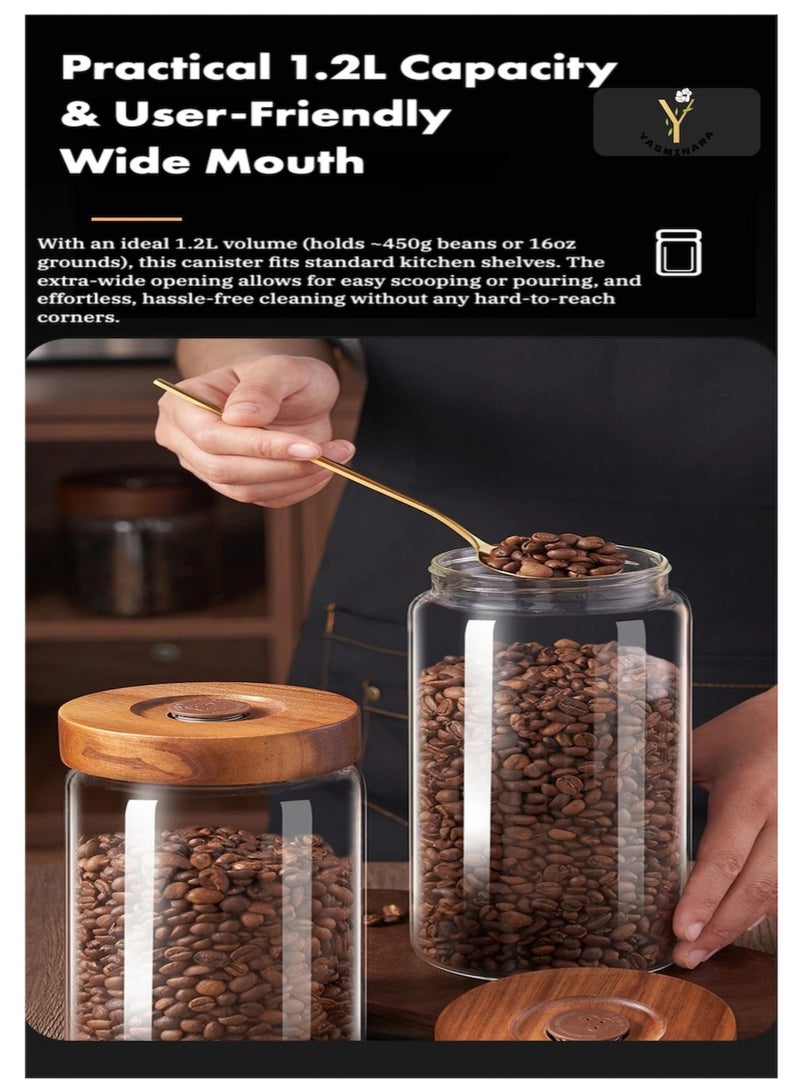 ياسمينةارا علبة قهوة زجاجية بأغطية خشبية مفرغة من الهواء، وعاء توابل زجاجي من البورسليكات سعة 1200 مل، حاوية تخزين للقهوة والفاصوليا والشاي والحلوى والمكسرات والتوابل والوجبات الخفيفة للحفاظ عليها طازجة - Image 5
