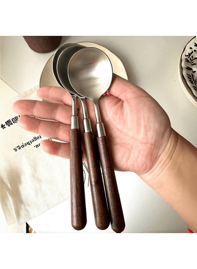 هومستر 3 قطعة ريفية خشبية مقبض عشاء ملعقة مجموعة، الفولاذ المقاوم للصدأ خدمة ملعقة طاولة، الأطباق القديمة لتناول الطعام والمناسبات الخاصة - Image 5