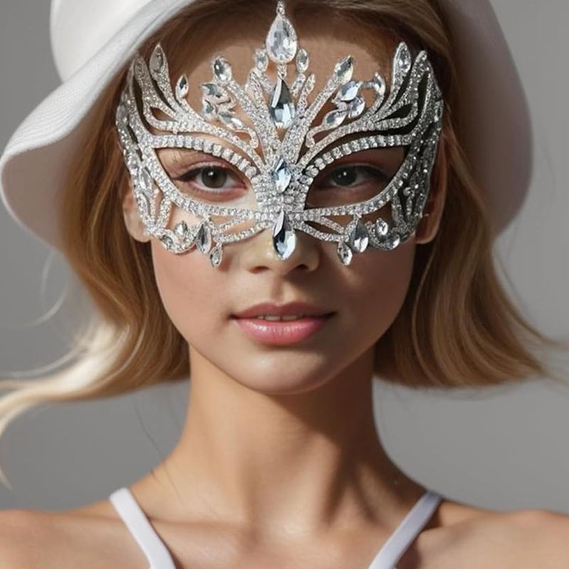 XSBODY Silver Masquerade Mask for Women Couples, Half Costume Venetian Mardi Gras Mask for Masquerade Party Rhinestone Face Masks Jewelry 80s Outfit Carnival Prom Ball Accessories Gifts - Image 2
