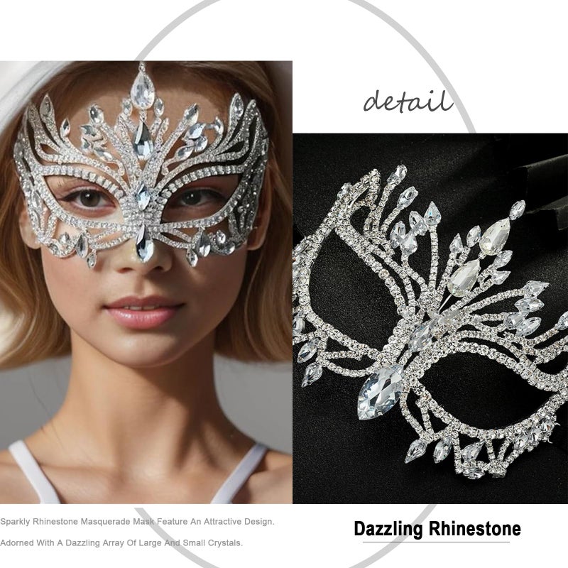 XSBODY Silver Masquerade Mask for Women Couples, Half Costume Venetian Mardi Gras Mask for Masquerade Party Rhinestone Face Masks Jewelry 80s Outfit Carnival Prom Ball Accessories Gifts - Image 4
