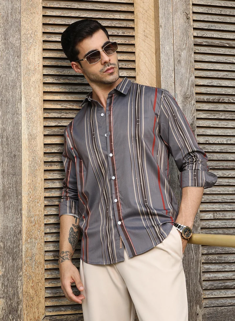 كامبوس سوترا قميص رجالي مخطط فني بلون رمادي معدني