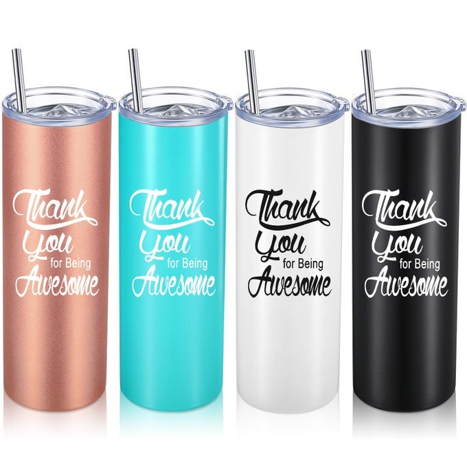 4 SETS THANK YOU GIFTS FOR WOMEN MEN BEING AWESOME TRAVEL TUMBLER 20 OZ GRADUATION APPRECIATION CHRISTMAS FRIENDS MOM WIFE SISTER COWORKER ROSE GOLD MINT WHITE AND BLACK 12 PIECE SET