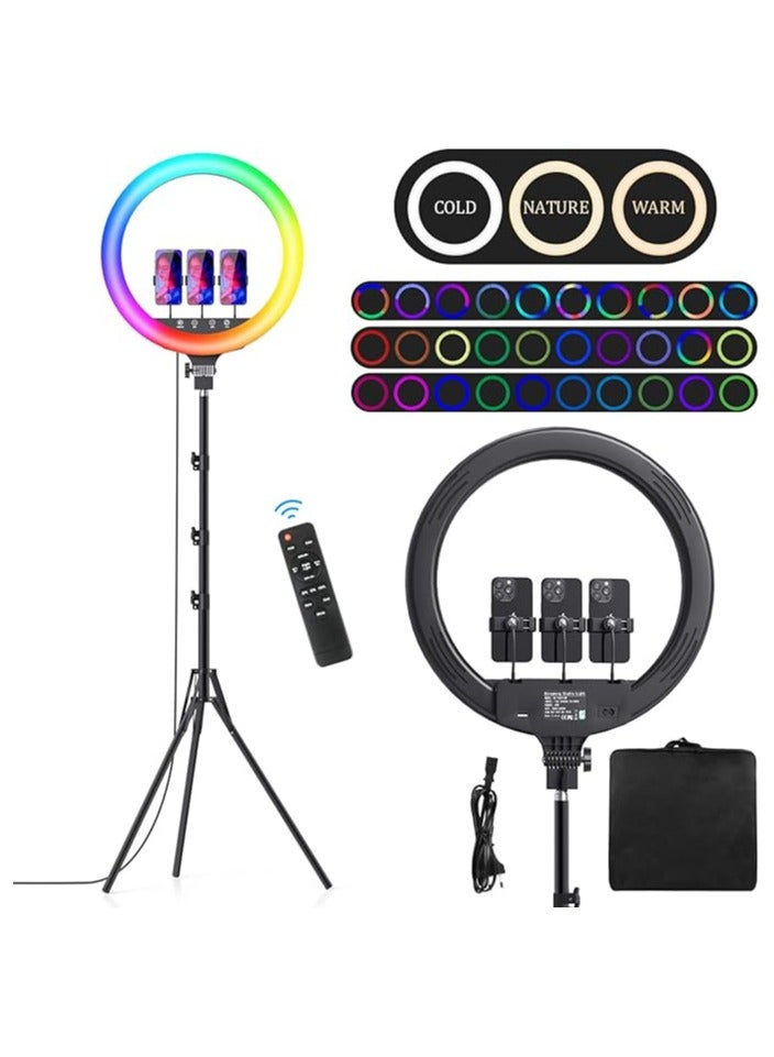 LED Ring Light RGB 18 Inches with 200 cm Tripod & 3 Phone Holders – 21 RGB Modes, 3 White Modes, Touch Panel, Remote Control - Image 1