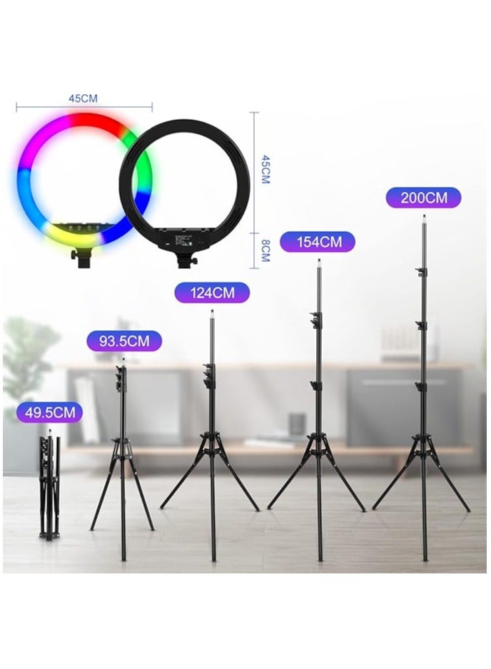 LED Ring Light RGB 18 Inches with 200 cm Tripod & 3 Phone Holders – 21 RGB Modes, 3 White Modes, Touch Panel, Remote Control - Image 3