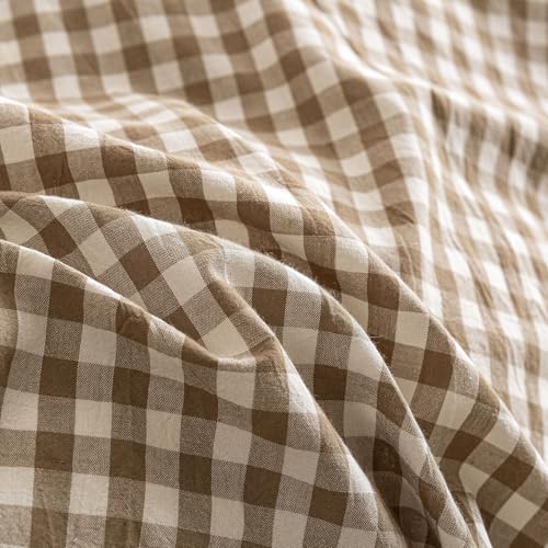 Mucalis Tan Gingham Duvet Cover King 100% Washed Cotton Beige Brown Plaid Checkered Duvet Cover Set Vintage 3 Piece Grid Bedding Set with Zipper Closure Corner Ties,Durable,Breathable,Easy Care - Image 4