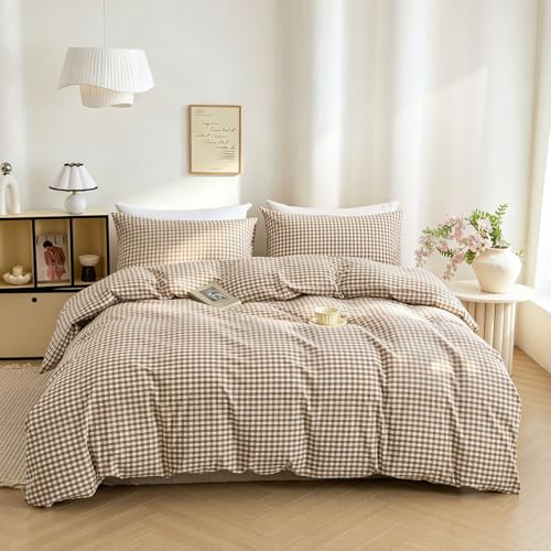 Mucalis Tan Gingham Duvet Cover King 100% Washed Cotton Beige Brown Plaid Checkered Duvet Cover Set Vintage 3 Piece Grid Bedding Set with Zipper Closure Corner Ties,Durable,Breathable,Easy Care - Image 1