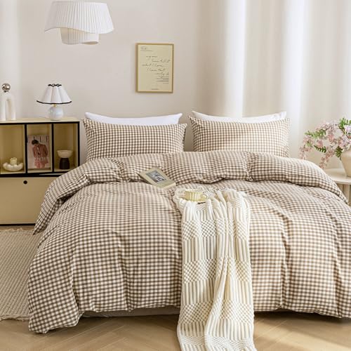 Mucalis Tan Gingham Duvet Cover King 100% Washed Cotton Beige Brown Plaid Checkered Duvet Cover Set Vintage 3 Piece Grid Bedding Set with Zipper Closure Corner Ties,Durable,Breathable,Easy Care - Image 3