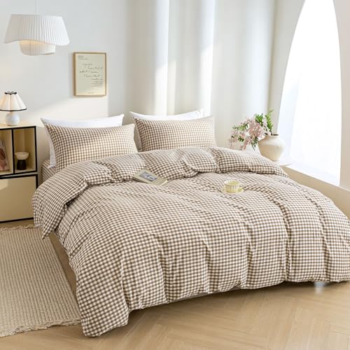Mucalis Tan Gingham Duvet Cover King 100% Washed Cotton Beige Brown Plaid Checkered Duvet Cover Set Vintage 3 Piece Grid Bedding Set with Zipper Closure Corner Ties,Durable,Breathable,Easy Care - Image 2