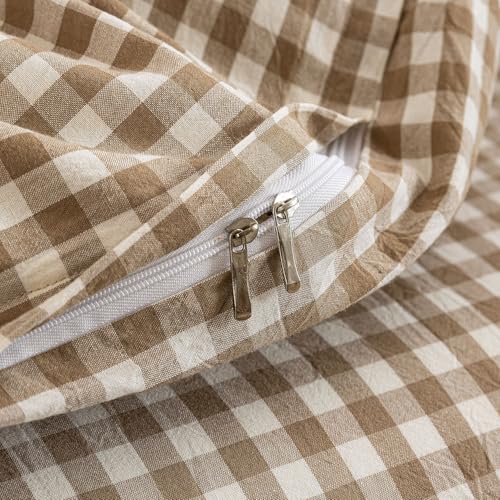 Mucalis Tan Gingham Duvet Cover King 100% Washed Cotton Beige Brown Plaid Checkered Duvet Cover Set Vintage 3 Piece Grid Bedding Set with Zipper Closure Corner Ties,Durable,Breathable,Easy Care - Image 5