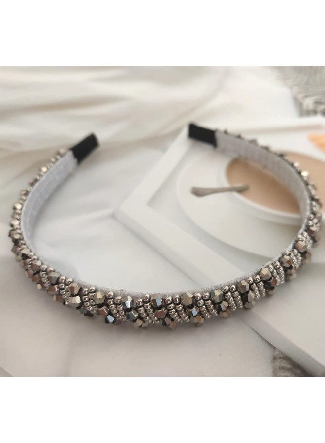 جيلوكيبو عصابة رأس من الكريستال اللامع مكونة من 4 صفوف للنساء، عصابة رأس من الخرز اللامع المرصع بأحجار الراين (رمادي) - Image 5