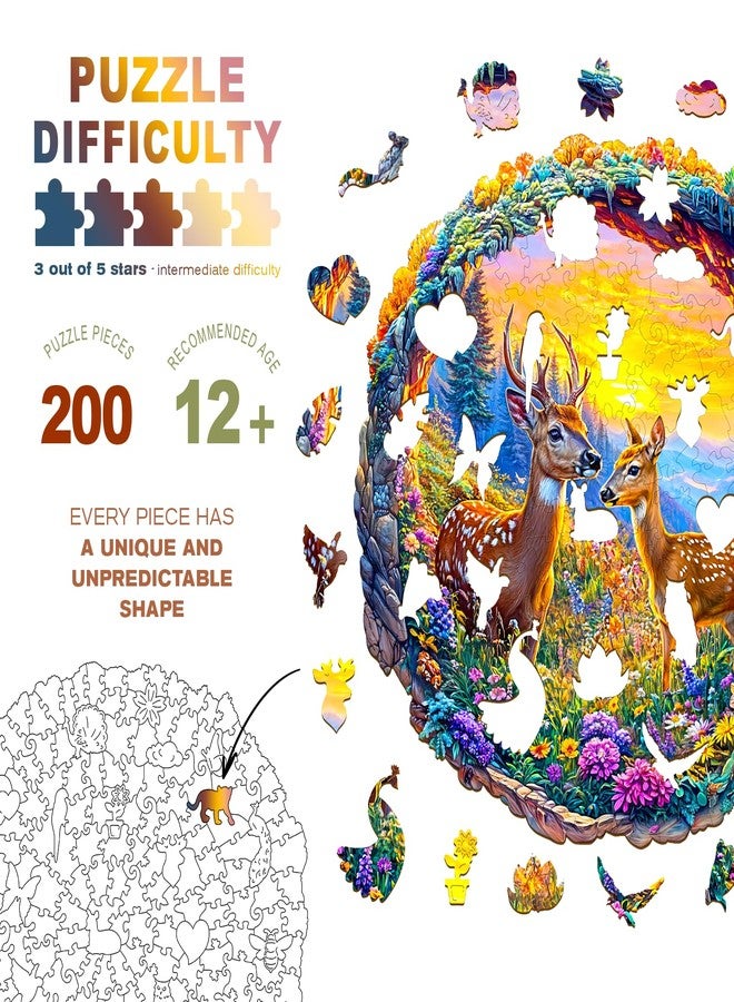 DOCRAGI Wooden Puzzles for Adults - Deer Among Flowers Wooden Jigsaw Puzzle - Unique Animal Shaped Wood Puzzles Adult - Christmas Birthday Gifts for Adults/Friends/Family - 200pcs 11.4 * 11.3in - Image 2