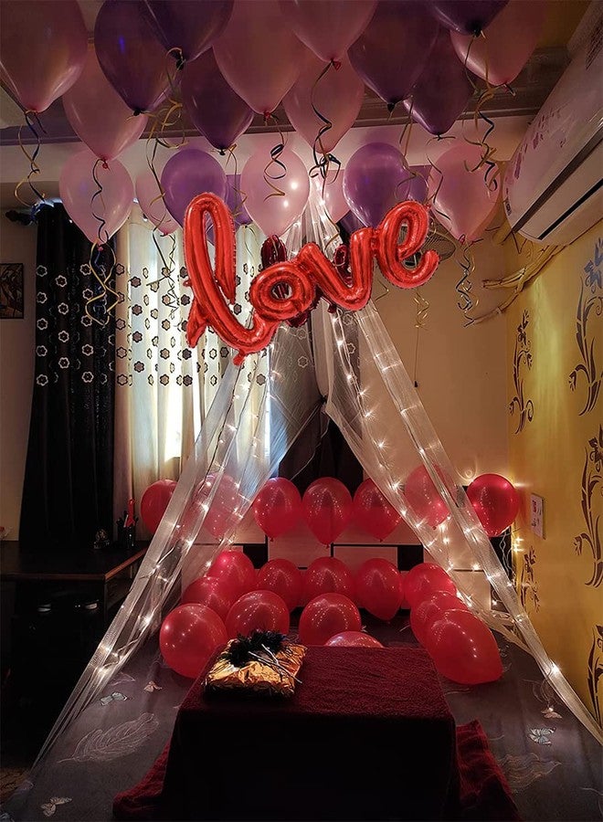 Hemito 63 Pc Tent Romantic Decoration Set - Red Pink Purple Balloons LED Light and Back Drop White Curtains| bedroom decoration items| Romantic decorations banner|Romantic Decoration for Bedroom - Image 1
