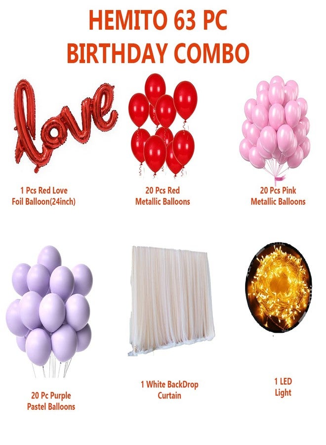Hemito 63 Pc Tent Romantic Decoration Set - Red Pink Purple Balloons LED Light and Back Drop White Curtains| bedroom decoration items| Romantic decorations banner|Romantic Decoration for Bedroom - Image 2